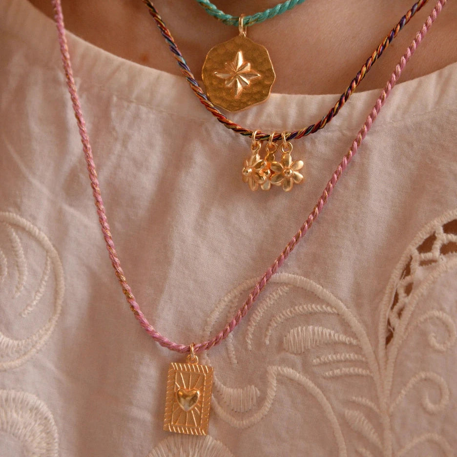 Heart Charm Pink Thread Necklace