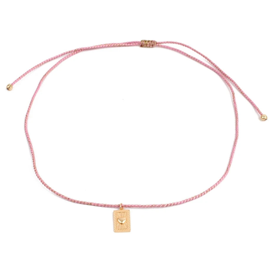 Heart Charm Pink Thread Necklace