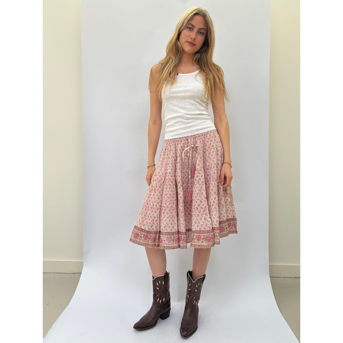 *NEW* Woodblock Knee Length Skirt Pink
