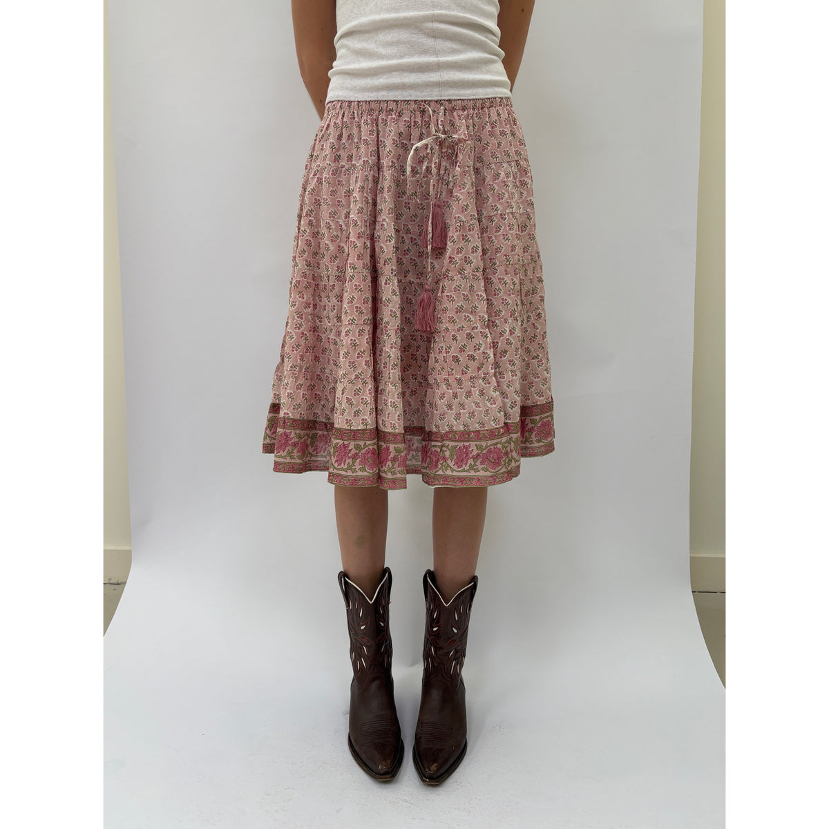 *NEW* Woodblock Knee Length Skirt Pink