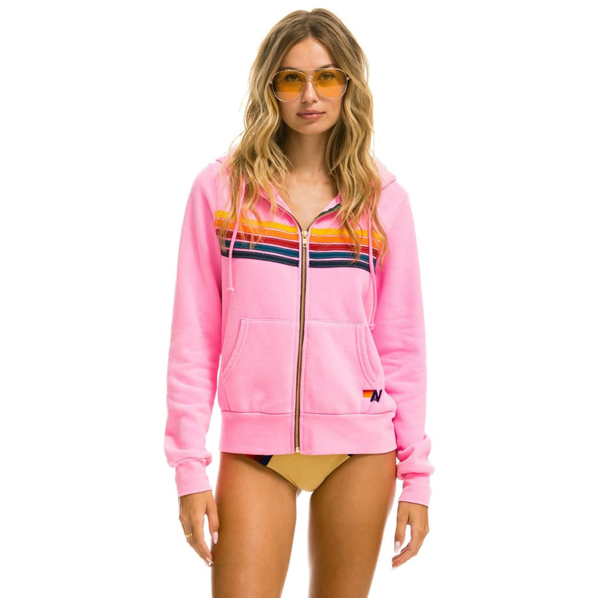 5 Stripe Zip Hoodie Neon Pink