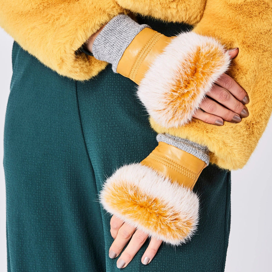 Jayley Leather Fur Trim Yellow Fingerless Glovesl