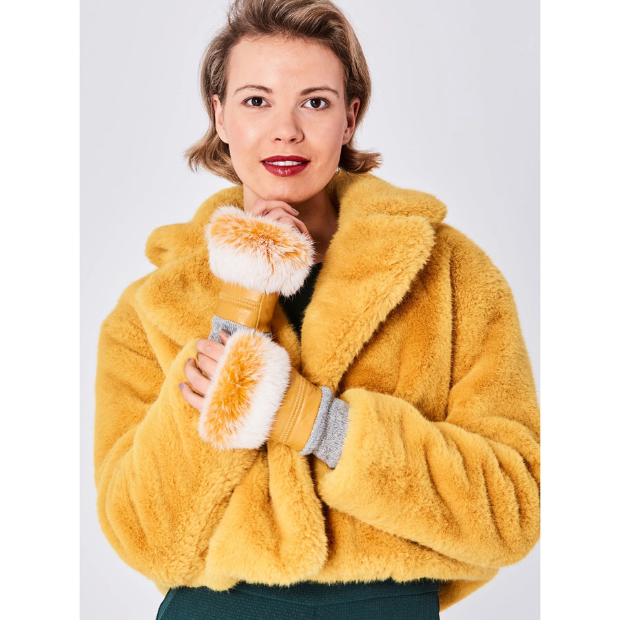 Jayley Leather Fur Trim Yellow Fingerless Glovesl