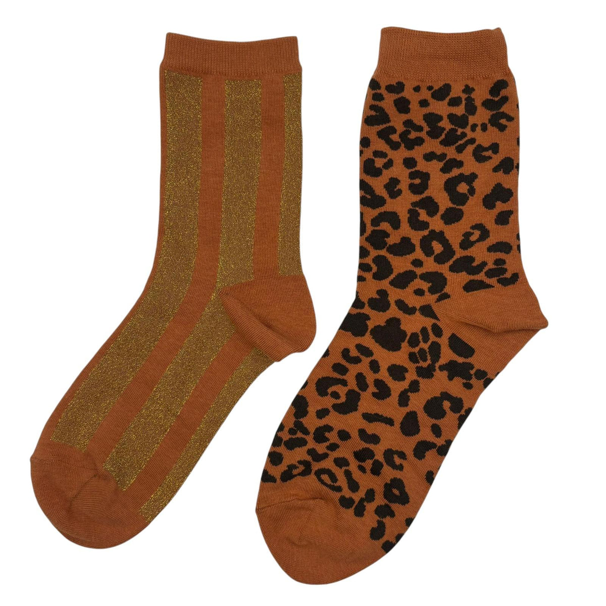 Leopard & Lurex Stripe Sock Duo Copper