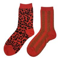 Leopard & Lurex Stripe Sock Duo Tomato