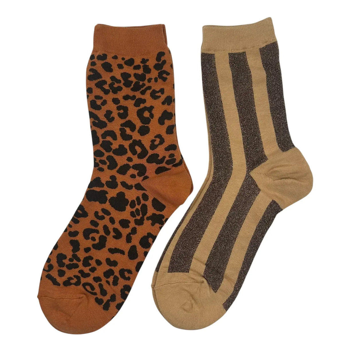 Brick Leopard & Sand Lurex Stripe Sock Duo