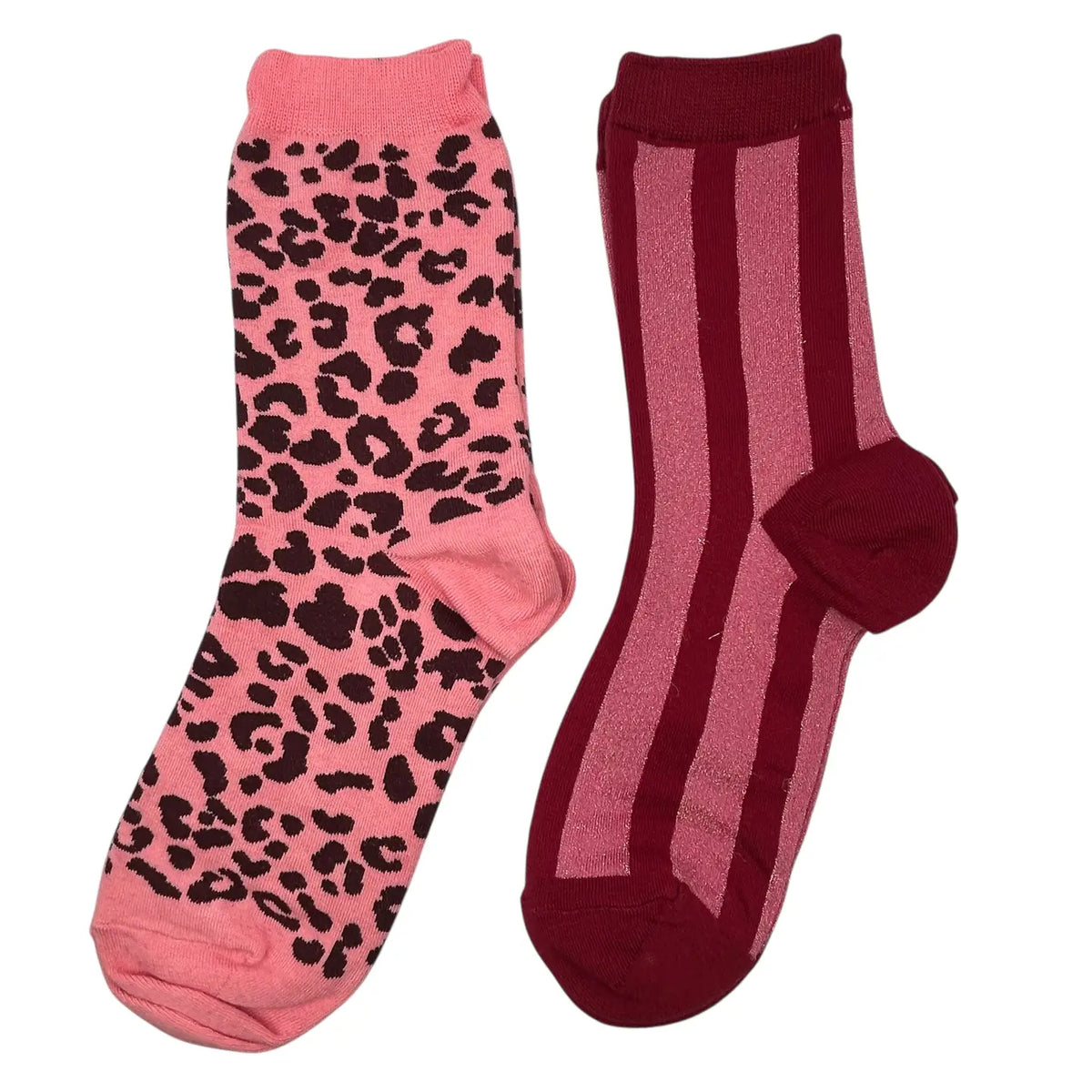 Leopard & Lurex Stripe Sock Duo Pink