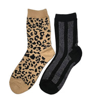 Leopard Sand & Lurex Stripe Black Sock Duo