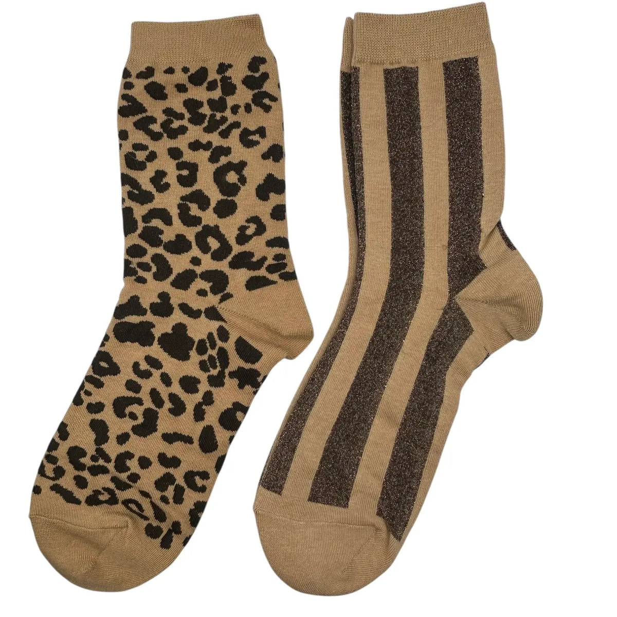 Leopard & Lurex Stripe Sock Duo Camel