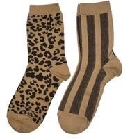 Leopard & Lurex Stripe Sock Duo Camel