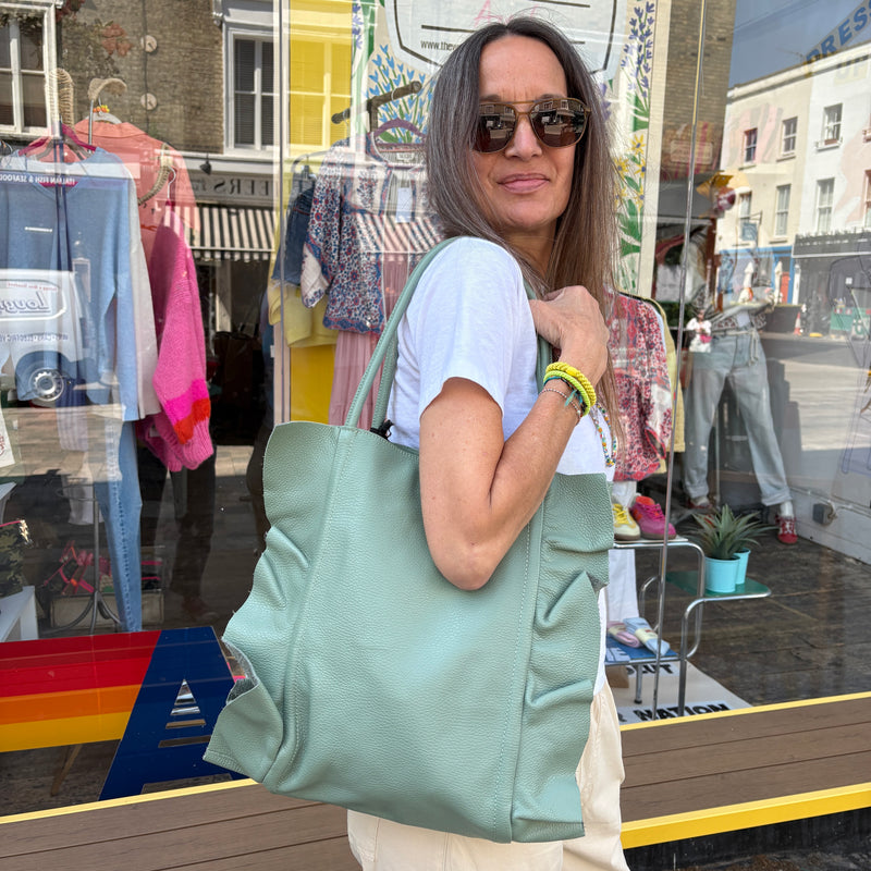 Sage green ruffle leather tote