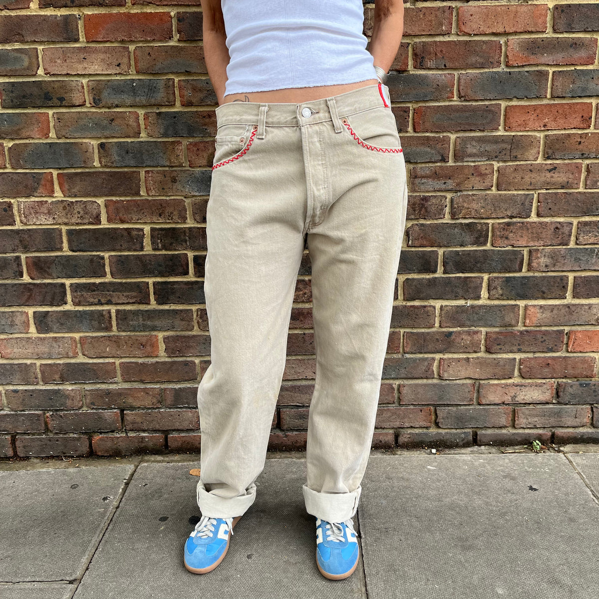 Useless Pale Beige Levi's with Zig Zag Stitching