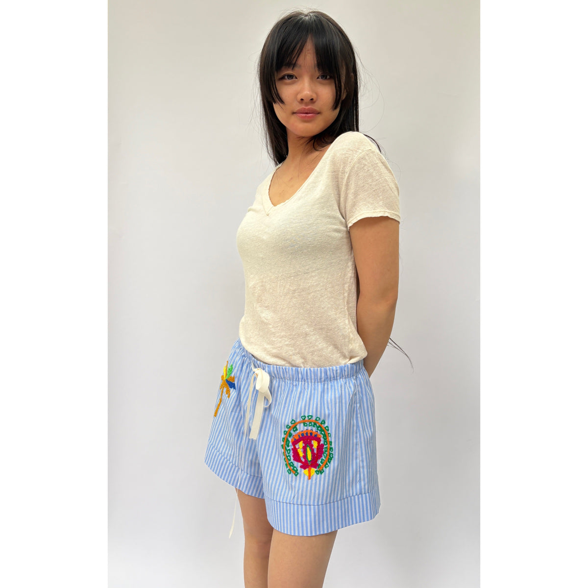 *NEW* Cotton Stripe Embroidered Shorts Blue