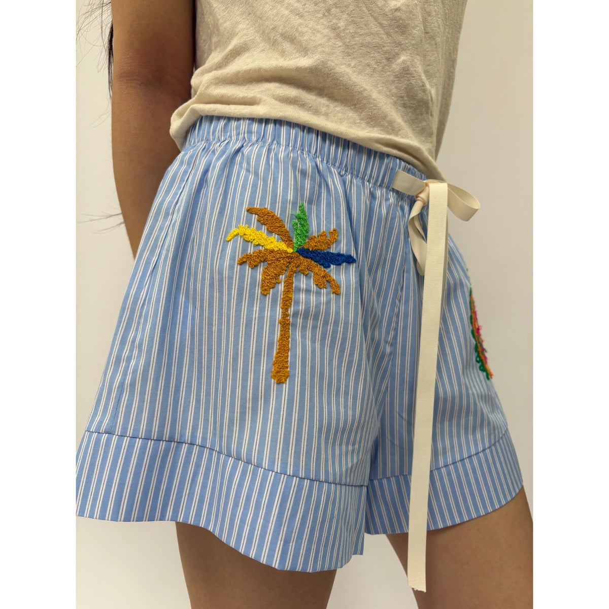 *NEW* Cotton Stripe Embroidered Shorts Blue