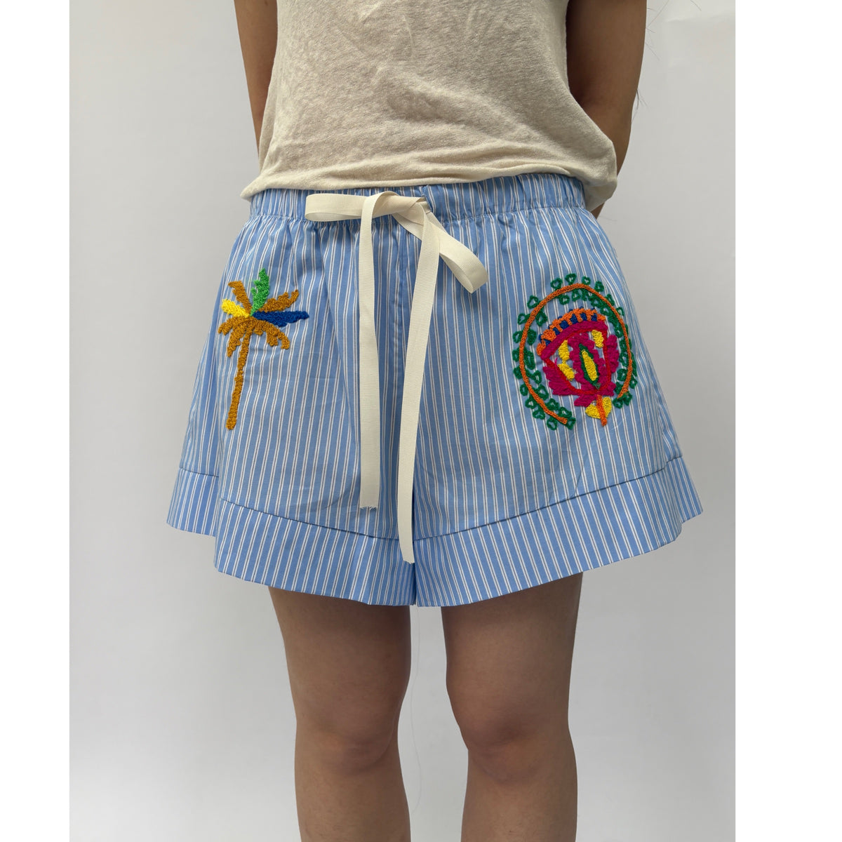 *NEW* Cotton Stripe Embroidered Shorts Blue