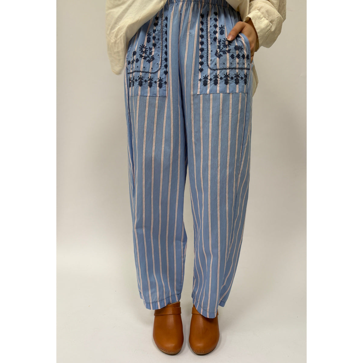 *NEW* Cotton Stripe Embroidered Pants Blue