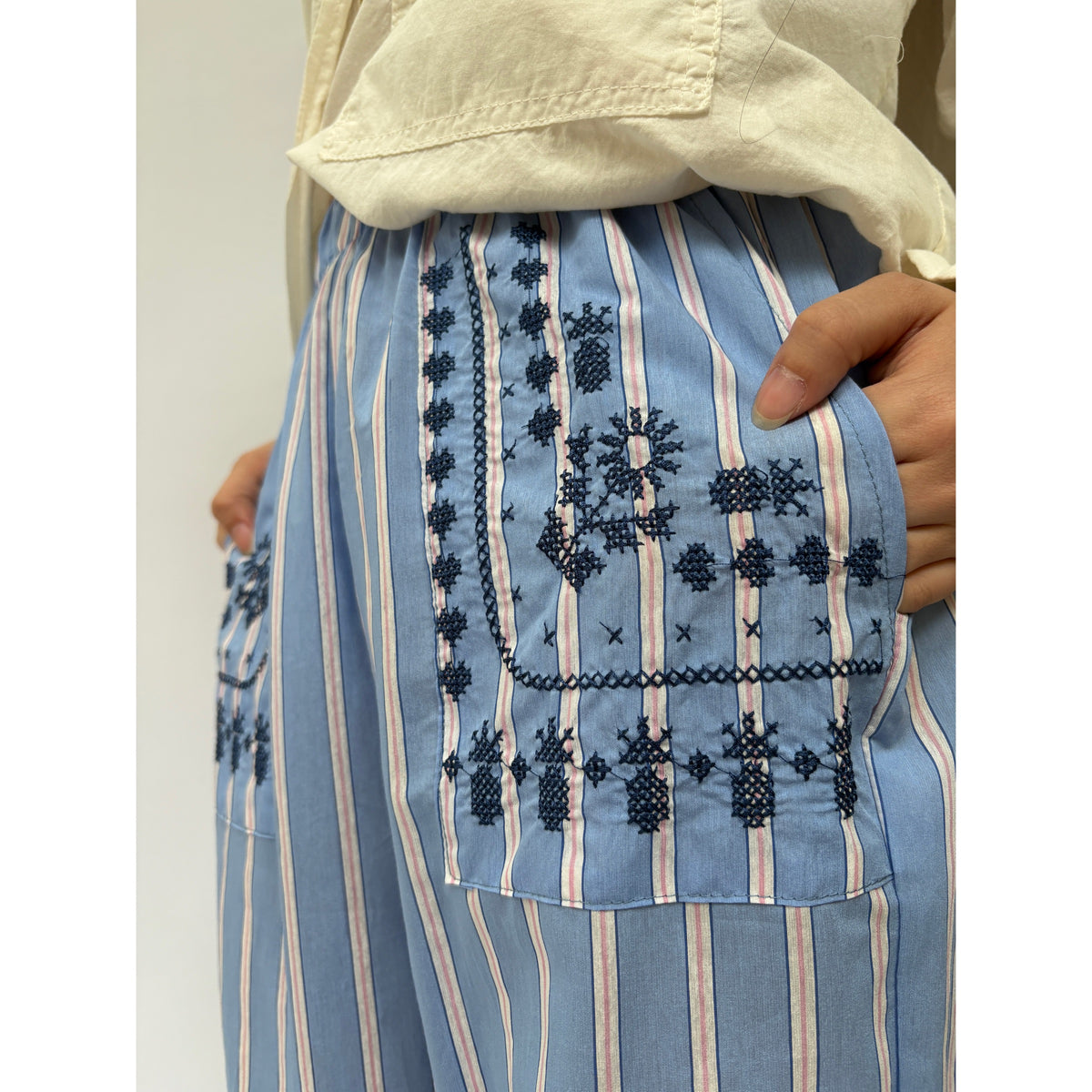 *NEW* Cotton Stripe Embroidered Pants Blue
