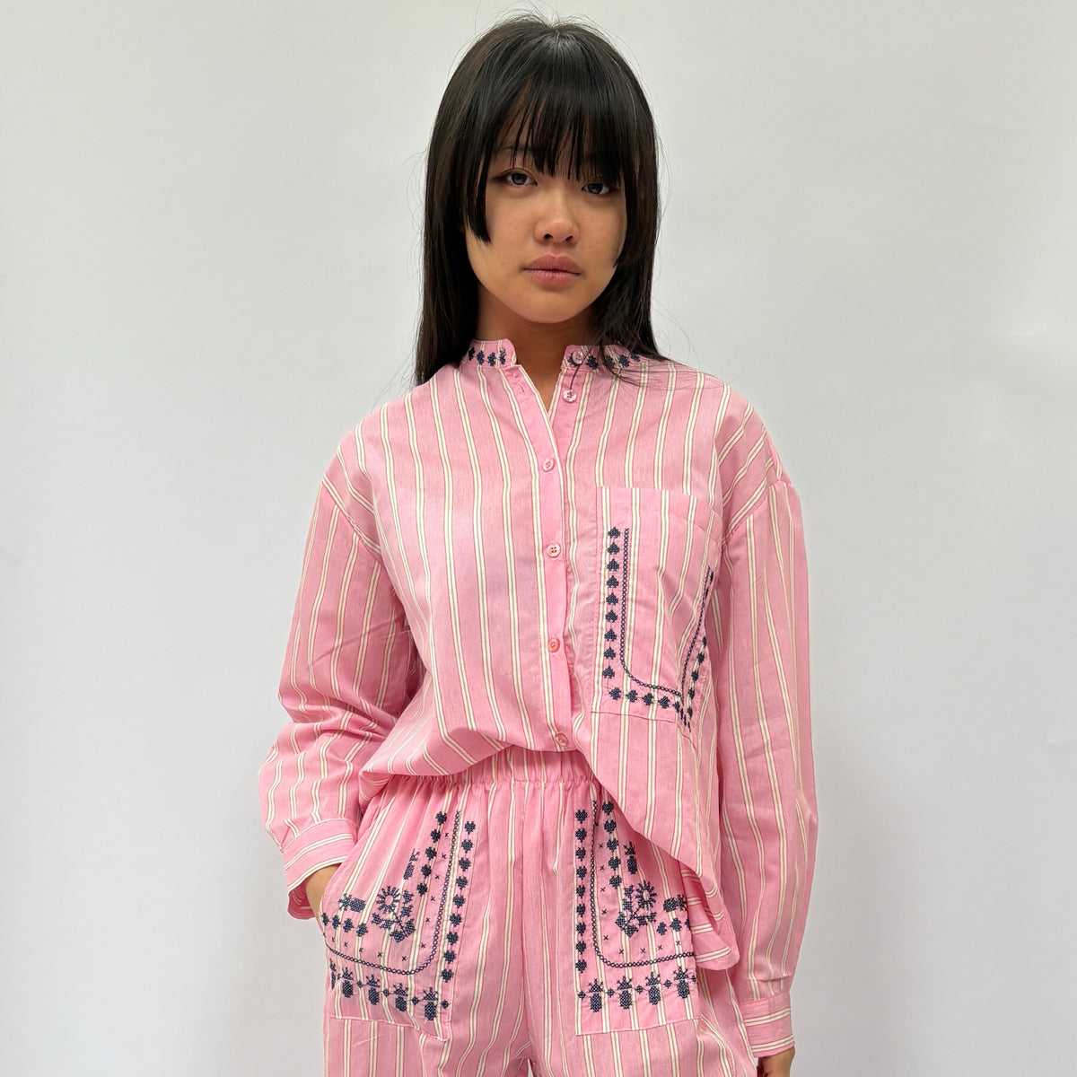 *NEW* Cotton Stripe Embroidered Shirt Pink