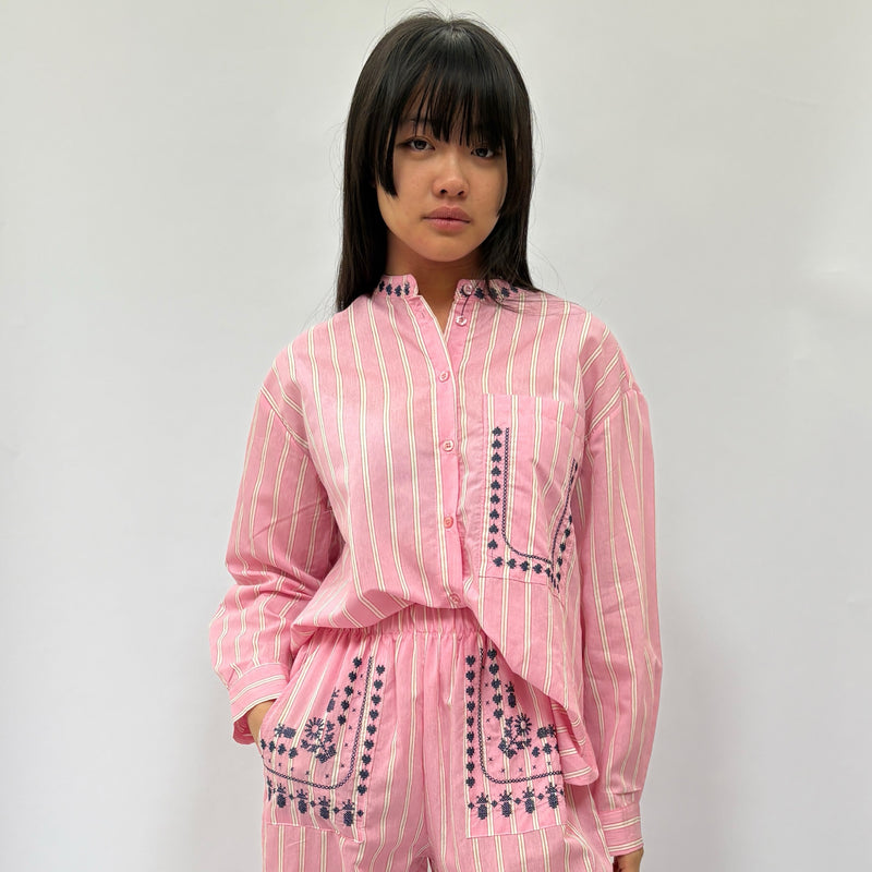 *NEW* Cotton Stripe Embroidered Shirt Pink