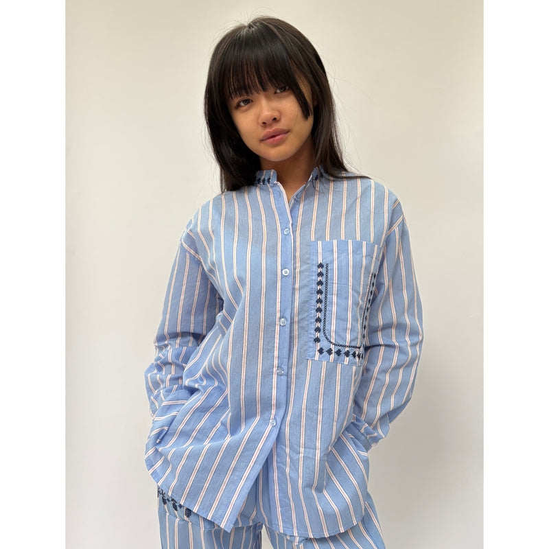 *NEW* Cotton Stripe Embroidered Shirt Blue