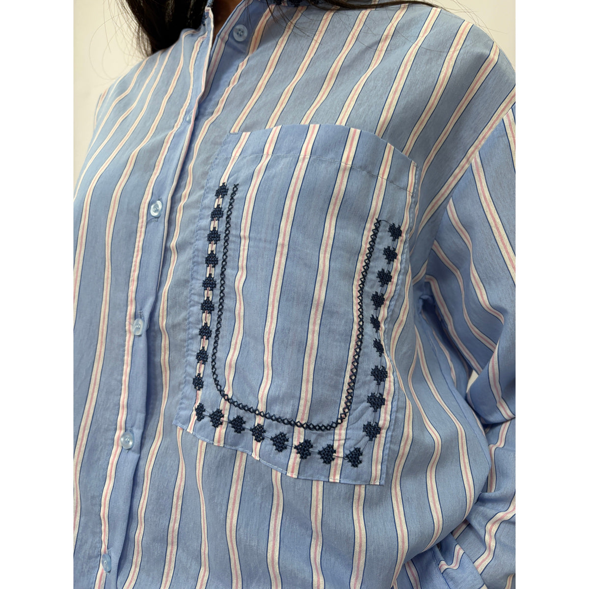 *NEW* Cotton Stripe Embroidered Shirt Blue