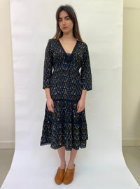 Stella Forrest tiered midi dress abstract pattern