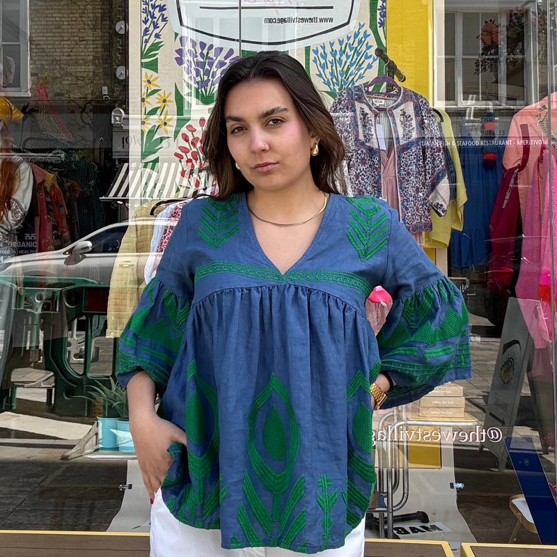 Kori Greek Archaic Feather Tunic Indigo/Green