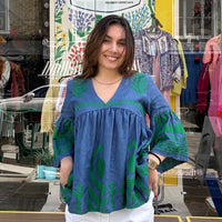 Kori Greek Archaic Feather Tunic Indigo/Green
