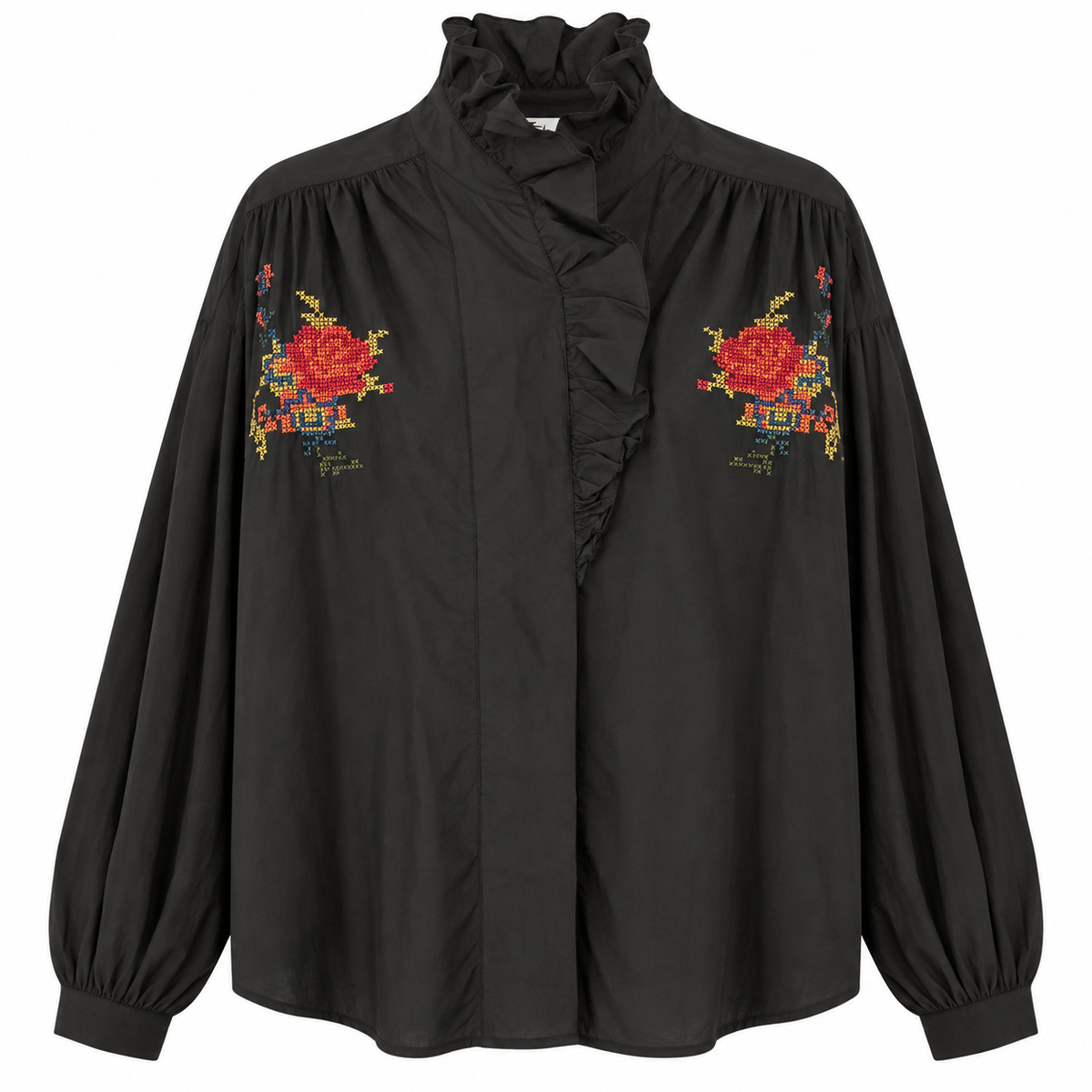 Embroidered Black Ruffle Shirt