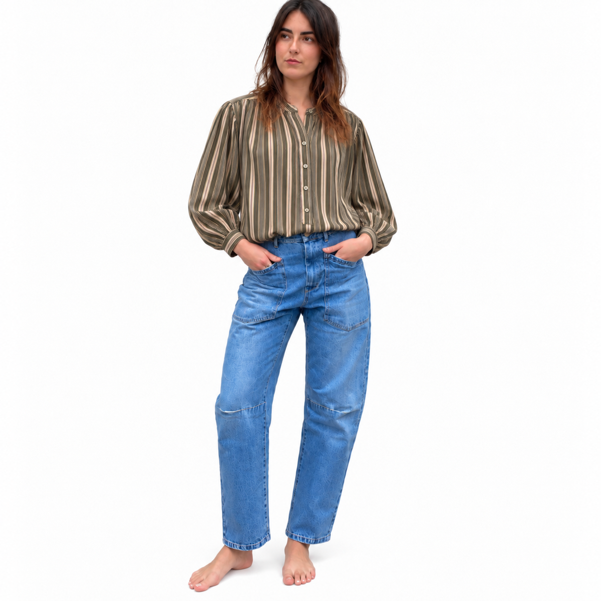 Cotton Stripe Shirt Khaki/Grey
