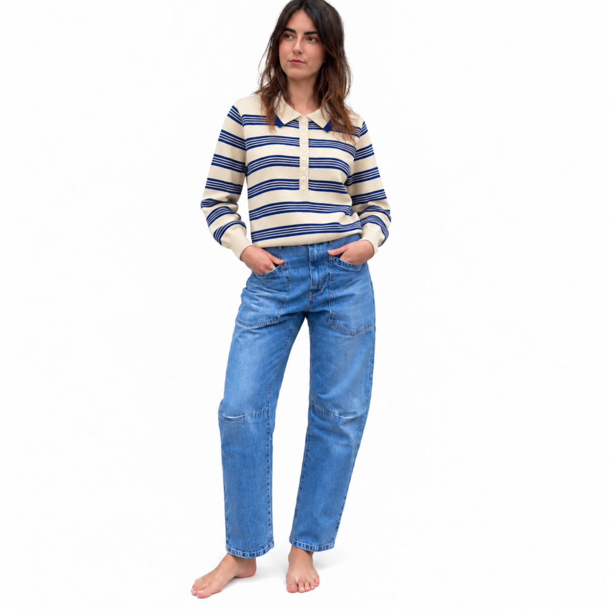Stripe Collared Knit Ecru/Blue