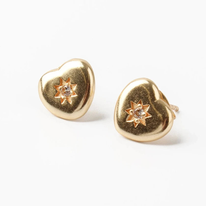 White Crystal Gold Heart Burst Studs