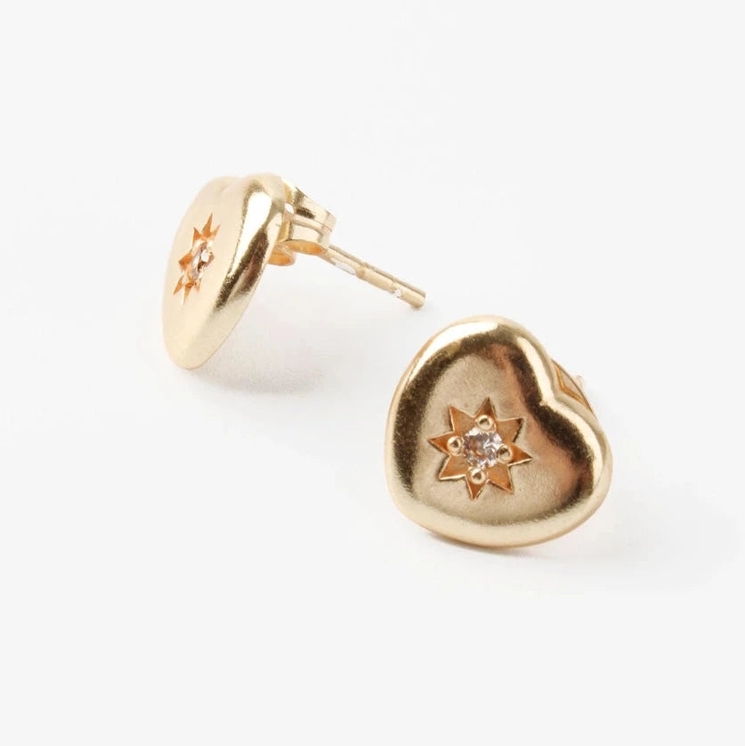 White Crystal Gold Heart Burst Studs
