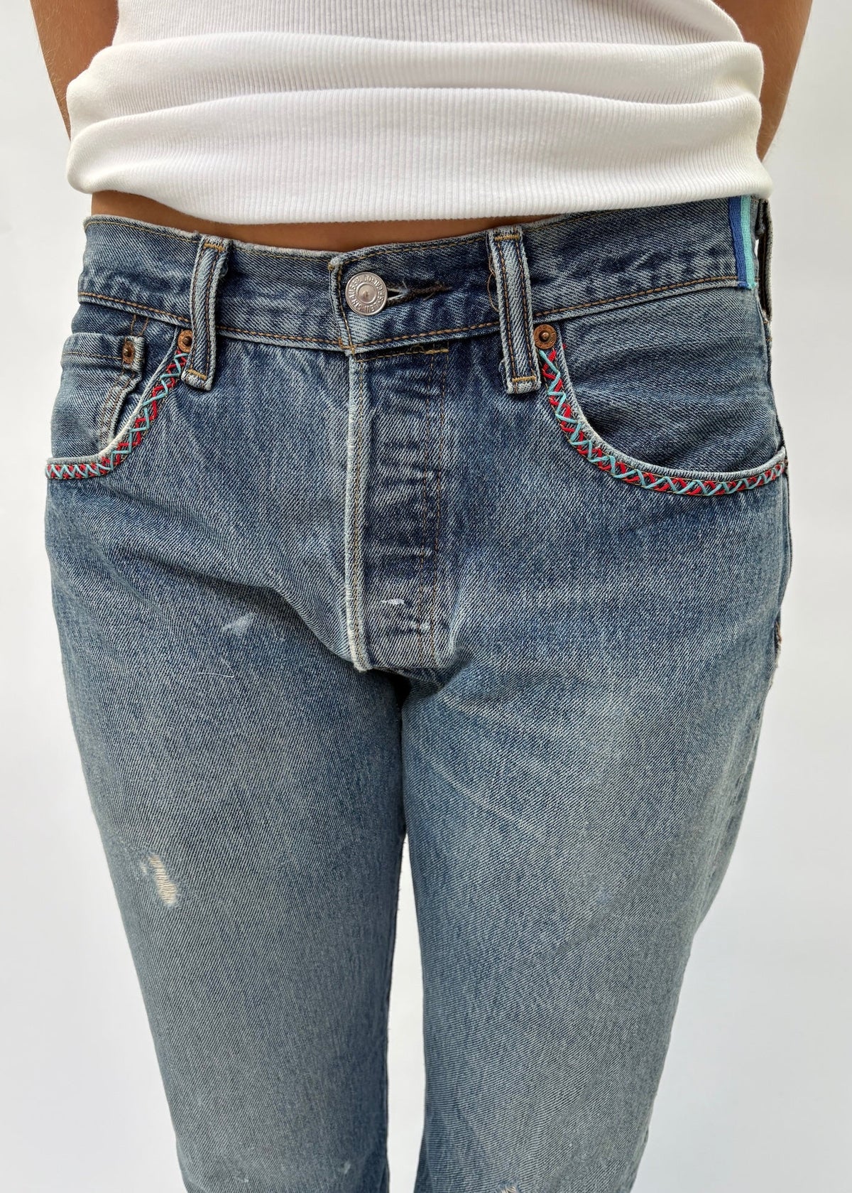 083. Zig Zag Stitch Levi's with Bandana Patch Blue and Red