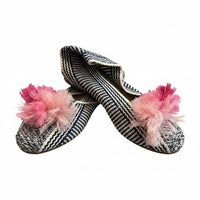 Navy Stripe Espadrille with Pink Pom Pom