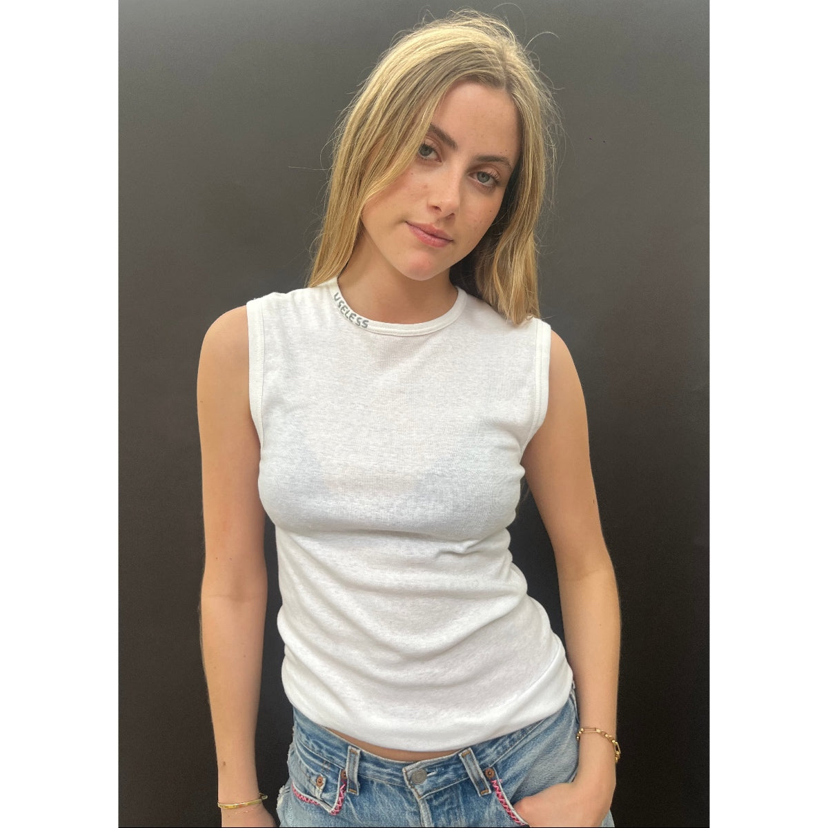 *NEW* Useless White Sleeveless T Shirt with Embroidery