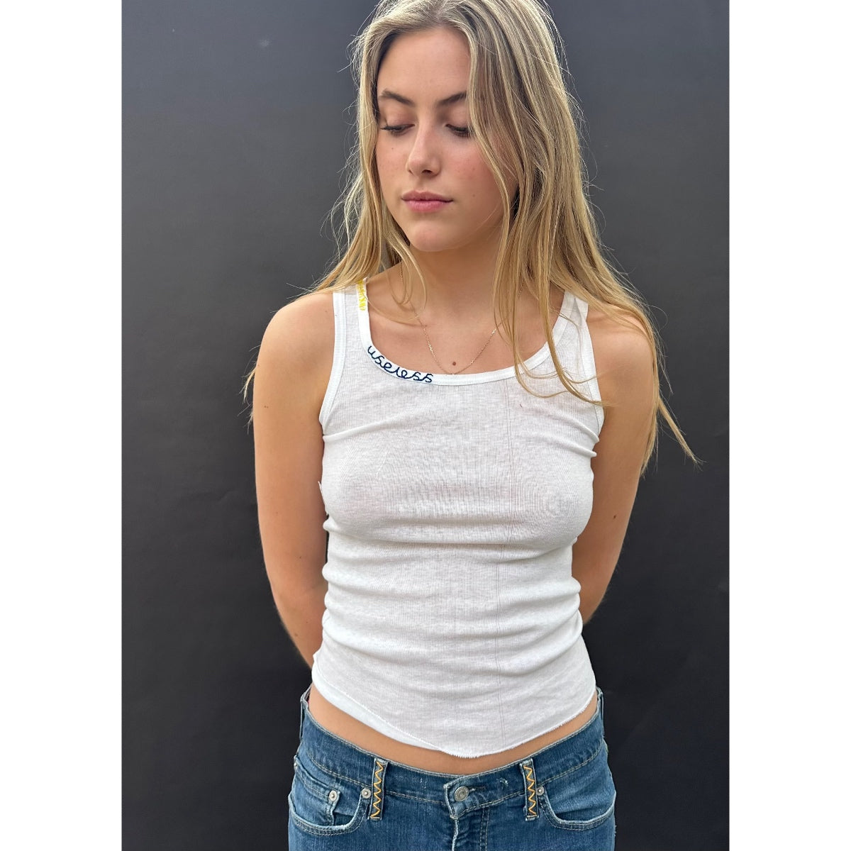 *NEW* Useless White Tank With Blue Stitch Logo