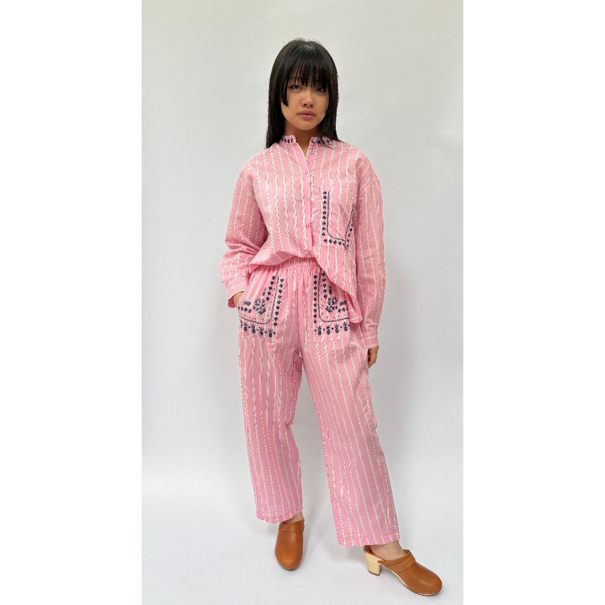 *NEW* Cotton Stripe Embroidered Pants Pink