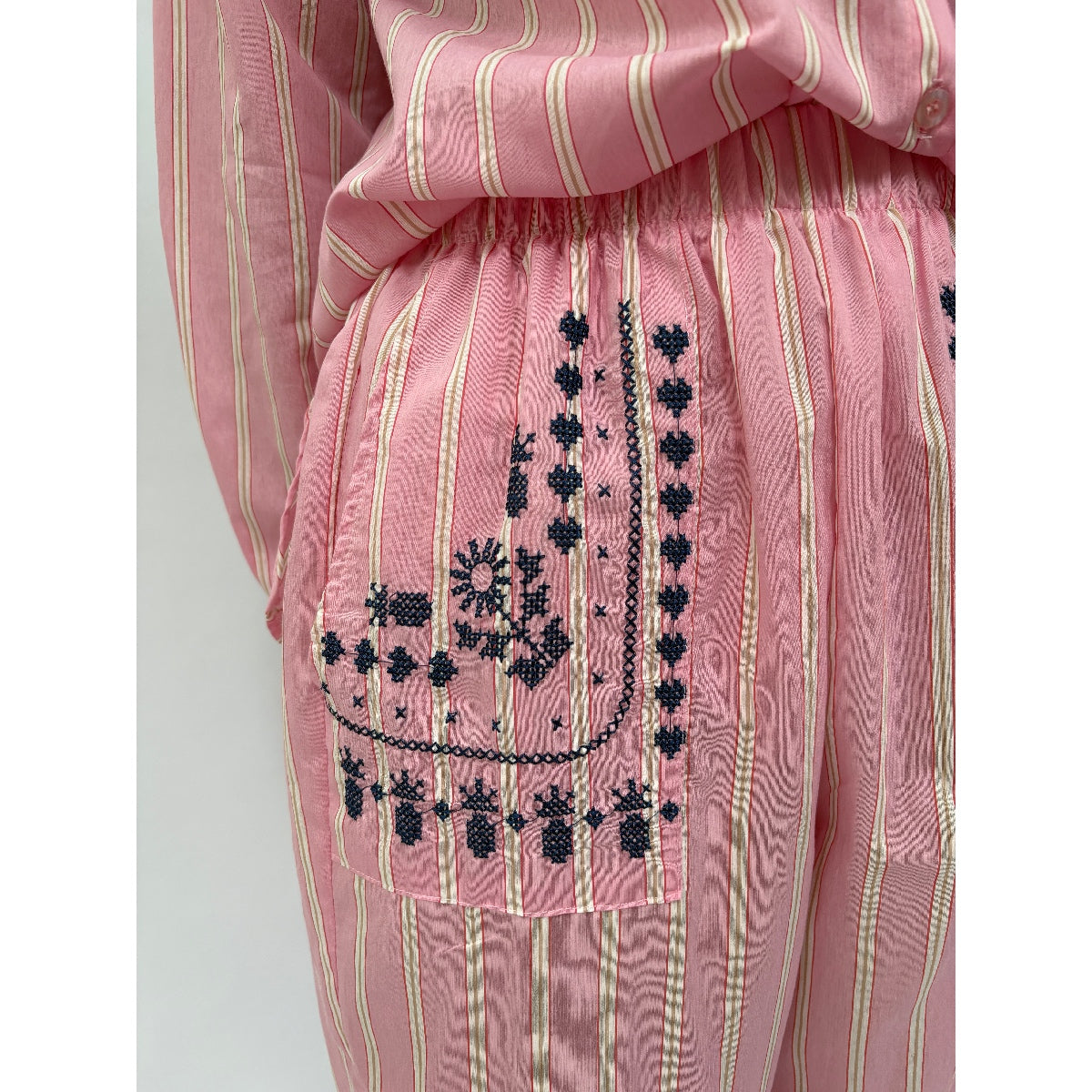 *NEW* Cotton Stripe Embroidered Pants Pink