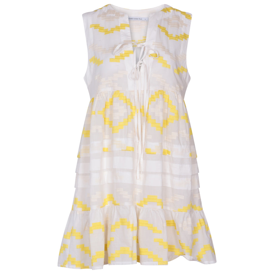 Kori Greek Archaic- Sleeveless Rhombus Dress White/ Lemon