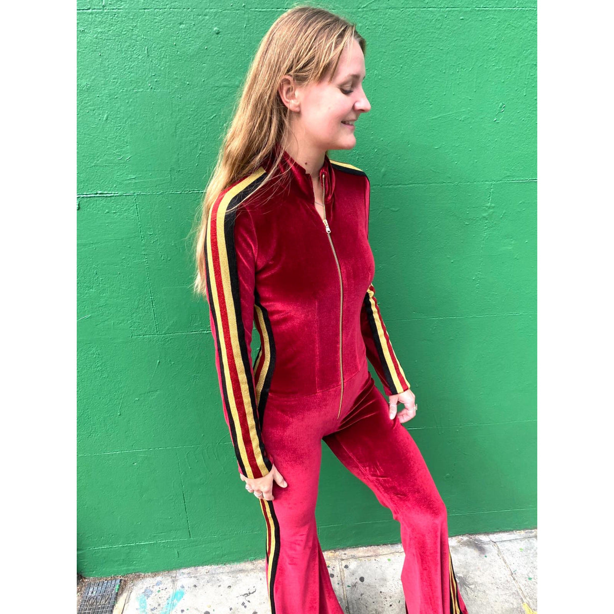 Bellavitis Velour Stripe Jumpsuit Khaki