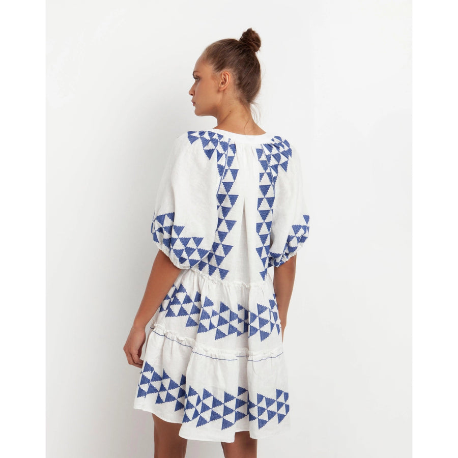 Kori - Geometric Dress White/ Blue